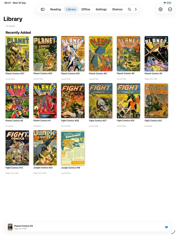 Mazze on iPad: a grid of fifteen imported Golden Age issues across three series.