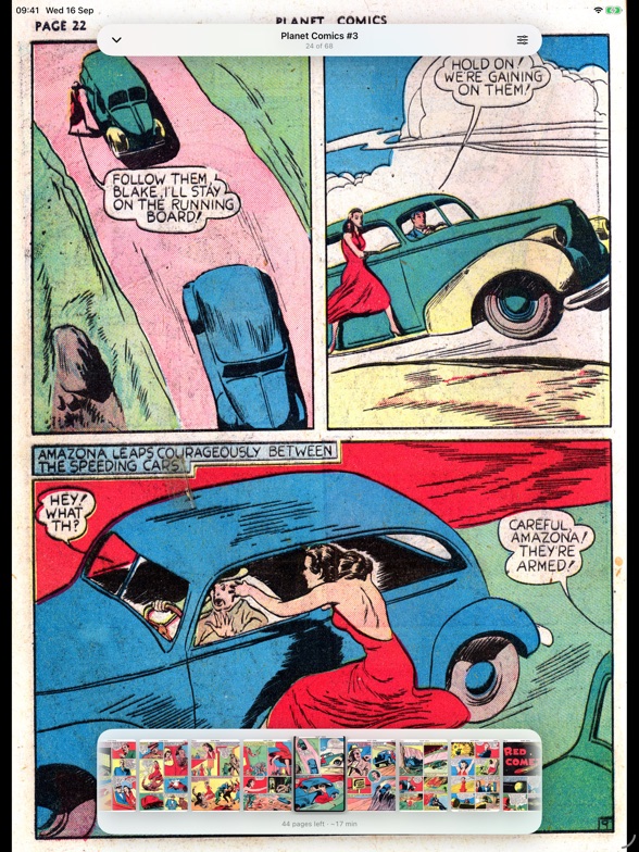 Planet Comics on iPad with the page controls and the thumbnail strip over a full-height page.