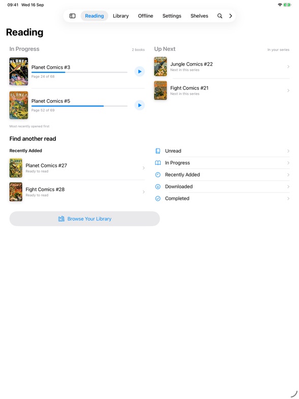 Mazze on iPad: In Progress and Up Next as two columns, with Recently Added and the shelves in two more below.