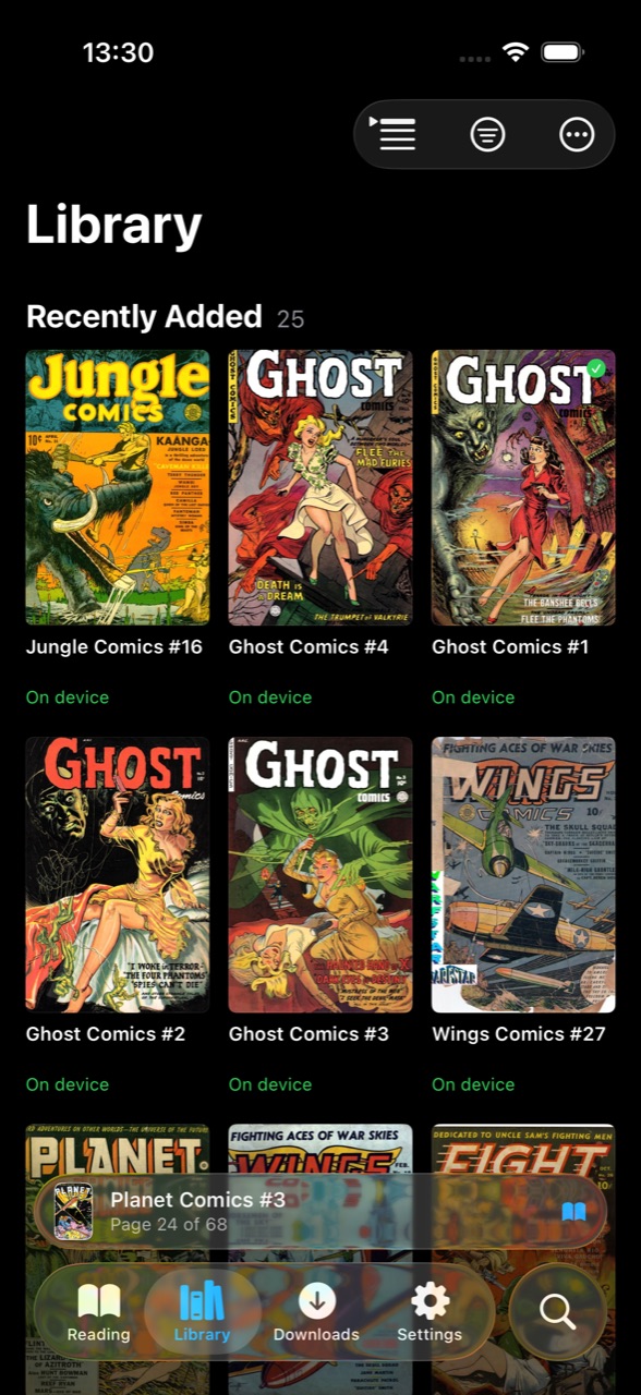 The Library tab as a grid of every issue, with progress bars,
                      completion ticks and on-device badges.