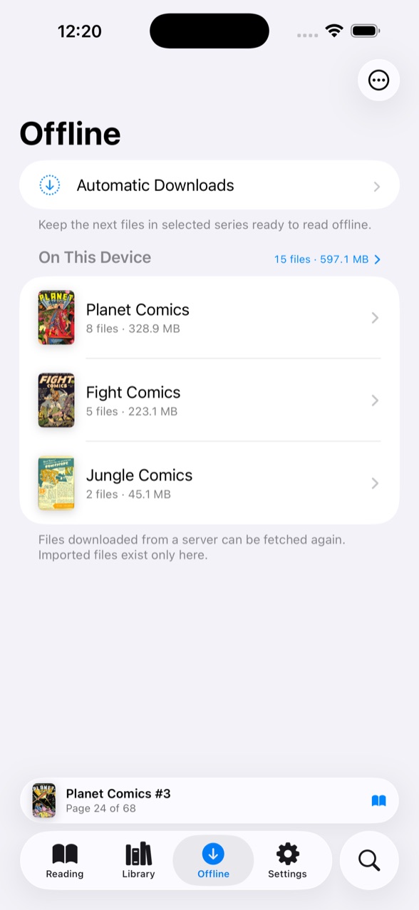 The Offline tab, showing comics saved on the device grouped by series.