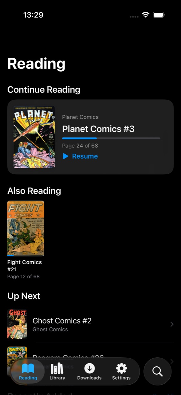 The Reading tab: a Continue Reading card part-way through an issue,
                      an Up Next suggestion, and a Recently Added row.