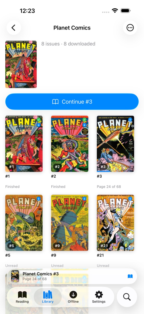 A series screen listing its issues, each cover badged with its issue number.