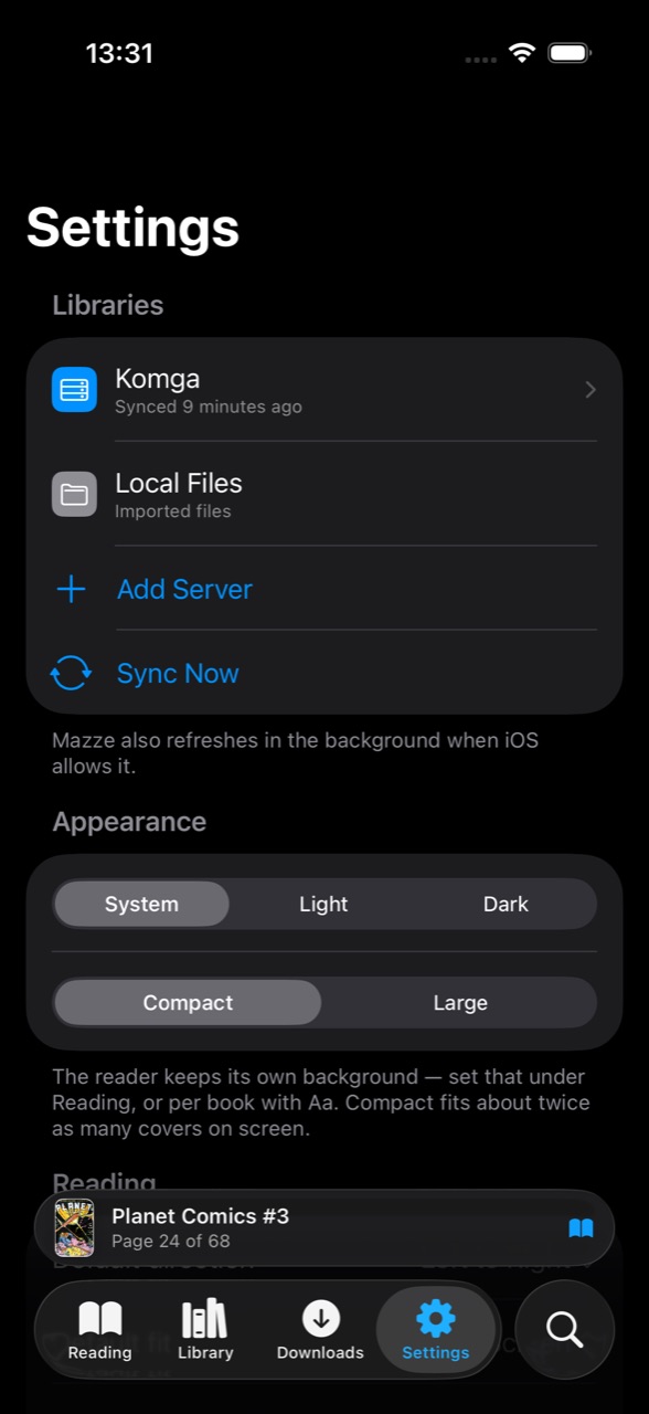 Settings showing a connected Komga server, local files, and an
                      Add Server button.
