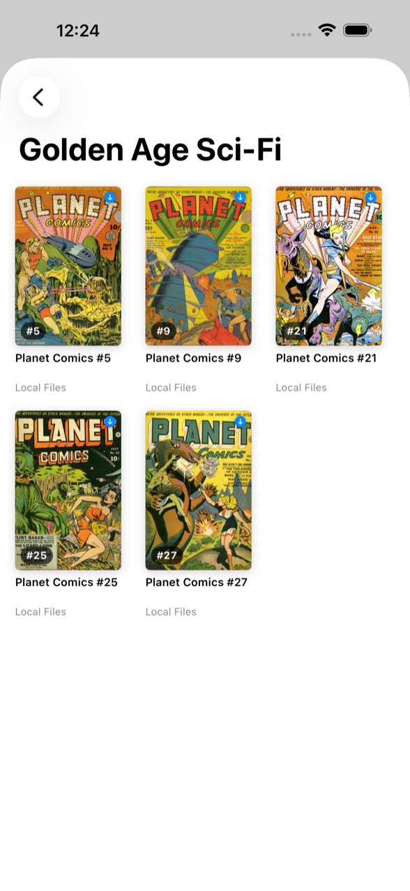 Inside the Golden Age Sci-Fi shelf: five unread Planet Comics issues, selected by a rule rather than added by hand.